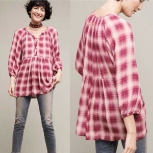 Anthro Maeve Calavon Pink Plaid Peplum Top // MP